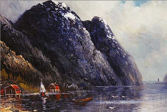 DENK, C., WOHL UM 1900, QUALITäTSVOLLE FJORDLANDSCHAFT, ÖL/HOLZ SIGN., VERSO BE- TITELT, "AM ...KKEFJORD", 15 X 30 CM, R.
