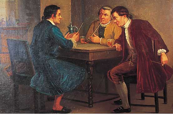 Heidland, R., Genremaler, tätig um 1860/70, drei rauchende und trinkende Herren in Kostü- men des 18.Jhd. im Gespäch in einer Stube, Öl/Lwd. ...