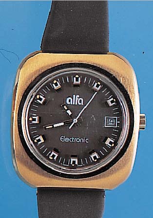 ALFA Herrenarmbanduhr Modell Elektronik, Ref.-Nr. 961-1781, Schweiz um 1969, Metall hartverg., Edelst.-Boden gedr., Zentralsek., Datum, ...