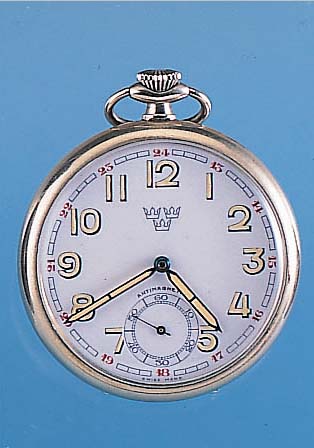 Militärtaschenuhr Lepinemodell, Ref.-Nr. 11739, Schweiz um 1948, Nickel, für die Schwedische Armee, auf Emailbl. u. Rückseite 3 Kronen, ...
