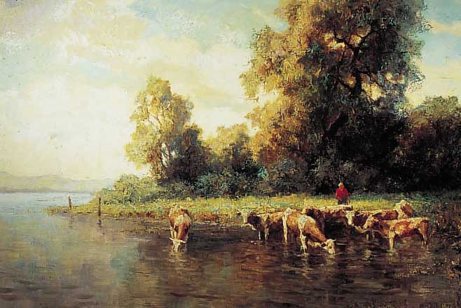 PIPPEL, OTTO, EDUARD 1879 LODZ - 1960, PLANEGG/MüNCHEN, HIER: KüHE BEI DER TRäNKE MIT HIRTE, WALCHENSEE ?, FEINE TONIGKEIT, ...