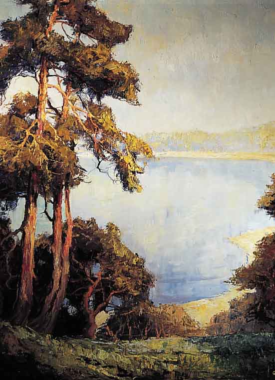 PIPPEL, OTTO, EDUARD 1879 LODZ - 1960 PLANEGG/MüNCHEN, HIER: WALDLANDSCHAFT MIT BLICK üBER DEN WALCHENSEE, ÖL/LWD., HERVORRAGENDE LUFT- ...