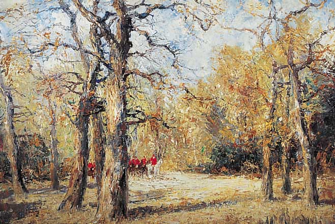 PIPPEL, OTTO, EDUARD 1879 LODZ - 1960, PLANEGG/MüNCHEN, JAGDGESELLSCHAFT IM WALD, ÖL/LWD., SIGNIERT, HELL DURCHFLUTETE WALD- ...