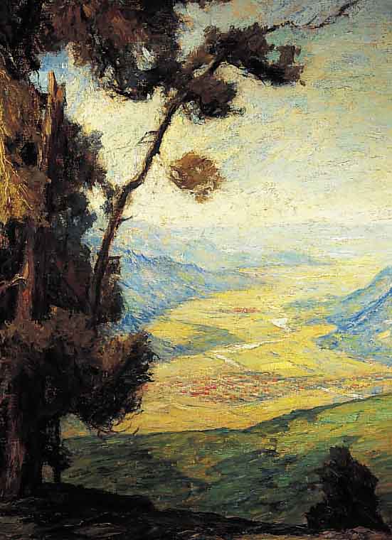 PIPPEL, OTTO, EDUARD 1879 LODZ-1960 PLANEGG/ MüNCHEN, LANDSCHAFT BEIM WALCHENSEE, IM VOR-VORDERGRUND WALDBESTANDENE LANDSCHAFT IN DUN- KELGRüNEN ...