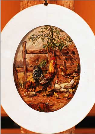 MüHLBACH, PETER, * 1957 LINDAU/BODENSEE, STOLZER HAHN AUF DEM HOF, ÖL/MALKARTON, SIGN.,OVAL, CA. 8 X 6,5 CM, R.