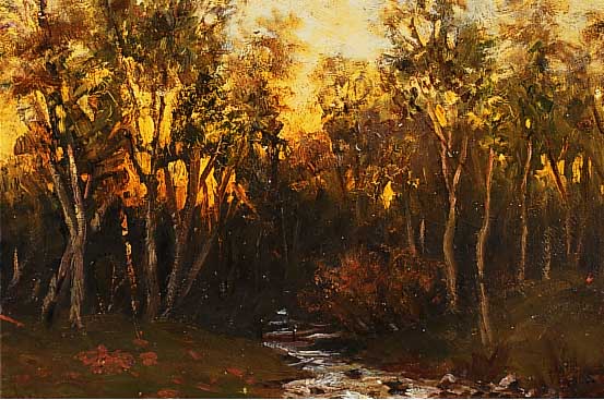 Schnabel, Heinrich, Mnchner Knstl., um 1900, wirkte in der Neuen Knstlervereinigung, Sonnenuntergang im Wald, ™l/Malkarton sign., verso ...