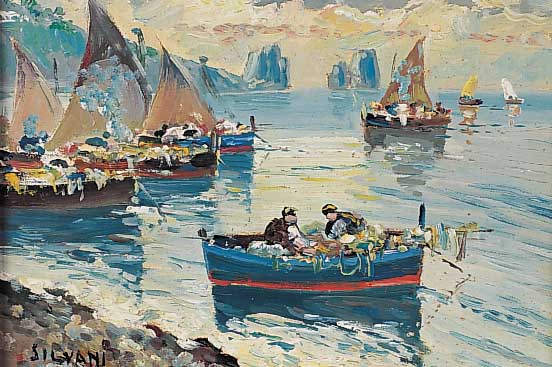 SILVANI, FRANCESCO, ITALIENISCHER KüNSTLER D. 19./20.JH., SüDLäNDISCHE KüSTENLANDSCHAFT MIT SEGLERN, ÖL/HARTFASER SIGN., 24 X 30 CM, R