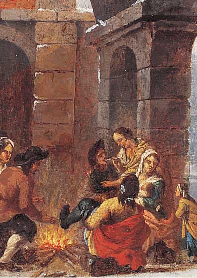 Unbek. Künstler d. 18./19. Jh., sich an ein-em Feuer wärmende Bettler unter einem TorbogenÖl/Lwd. (doubl. rest.), 37 x 28 cm, R.