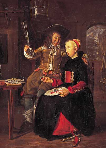 UNBEK. KüNSTLER DES 19. JH., NACH äLTEREM VORBILD, LANDSKNECHT UND MäDCHEN AM TISCH, FEINE MALEREI, ÖL/LWD. (L. ALTERSSPUREN), 36 X31 CM
