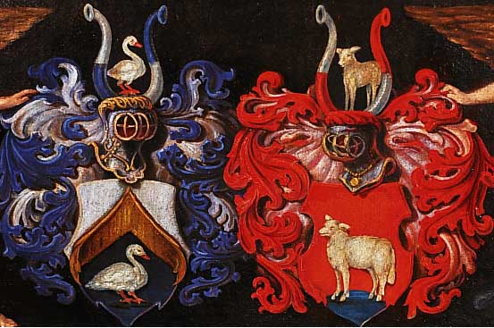 Unbekannter Knstler 18. Jh., zwei Putti mitzwei Wappen, anl„álich einer Adelshochzeit, ™l/Lwd. unsign., 22 x 54,5 cm, R.