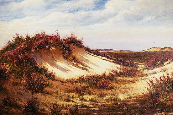 Vadder, Franz de, *1862 - 1935, niederl„n- discher Landschaftsmaler, Dnenlandschaft mit Heidekraut, um 1900, ™l/Lwd. sign., 60 x 90cm,R.
