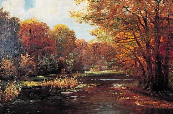 Iversen, dänischer Maler um 1900, herbstliche Landschaft mit baumbestandenem Flußufer, Öl/Lwd, li. u. sign., ca. 68,5 x 98 cm
