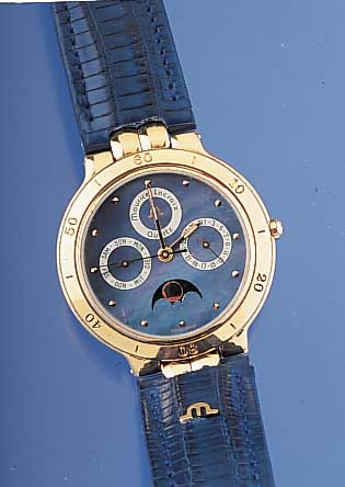 MAURICE LACROIX Herrenarmbanduhr Modell Voll- kalender, Schweiz um 1997, Metall hartverg.,High-Tech-Quartzwerk m. moderner Tag u. Datumanzeige ...