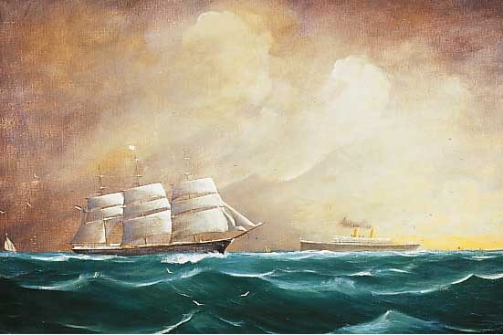 Evers, Carl, deutscher Marinemaler, gest. 1908, Segelschiff und Dampfer auf hoher See,Öl/Lwd, re. u. sign., dat. 1904, ca. 58 x 80 cm, R.