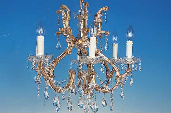 Deckenleuchter, deutsch, 50er Jahre, glasummantelte Messingmonturen, reicher facettierter Glasbehang, 6 Brennstellen, H. ca. 50 ...
