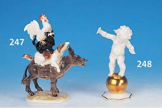 PORZELLANFIGUR, HUTSCHENREUTHER KUNSTABTEI- LUNG, SIGN. M. H. FRITZ, DIE BREMER STADT- MUSIKANTEN, BUNT BEMALT, H. CA. 19 CM, 2. WAHL