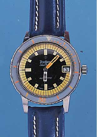ZODIAC HERRENTAUCHERUHR MODELL SEEWOLF, SCHWEIZ UM 1967, EDELST., BODEN GEDR., LüNETTEFARBL. DIFFERENZ., BEIDS. RAST. DREHB., ZEN- TRALSEK., ...