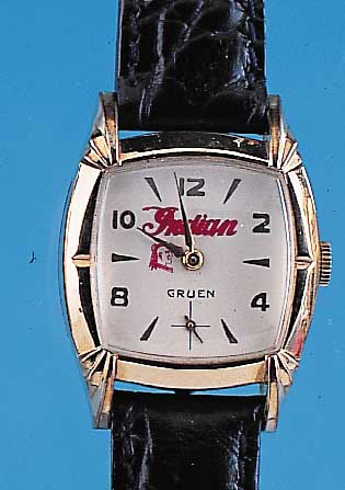 GRUEN Herrenarmbanduhr Modell Indian, Schweiz/USA um 1952, Metall m. GG-Auflage, Edelst.-Boden gedr., Konkavgl., Blatt rest., Aufdruck ...