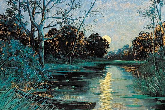 JELINEK, ERNESTINE (TINA), GEB. 1884 BERG REICHENSTEIN, ABENDSTIMMUNG AM FLUßLAUF, ÖL/MALKARTON, RE. U. SIGN. UND BEZ. LINZ, CA. 32 X ...