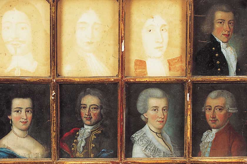 AHNENGALERIE DES RITTERS JOSEF ANTON FRANZ VON GARIBOLDI, GEBOREN 1775, REIHE AUS 12 MINIATUREN, DAVON 6 IN ÖL AUF PAPIER, RüCK- SEITIG ...