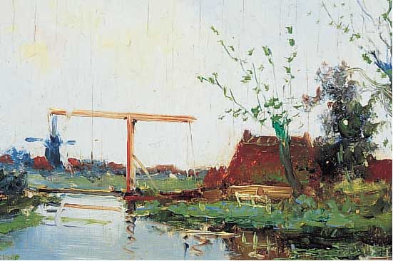 Beck, J.M., 1879 Arnheim-1965, zwei kleine Landschaften, Bäume am Flußufer und Zugbrücke vor Bauernhaus, Öl/Holz, jeweils li. u. sign., ...
