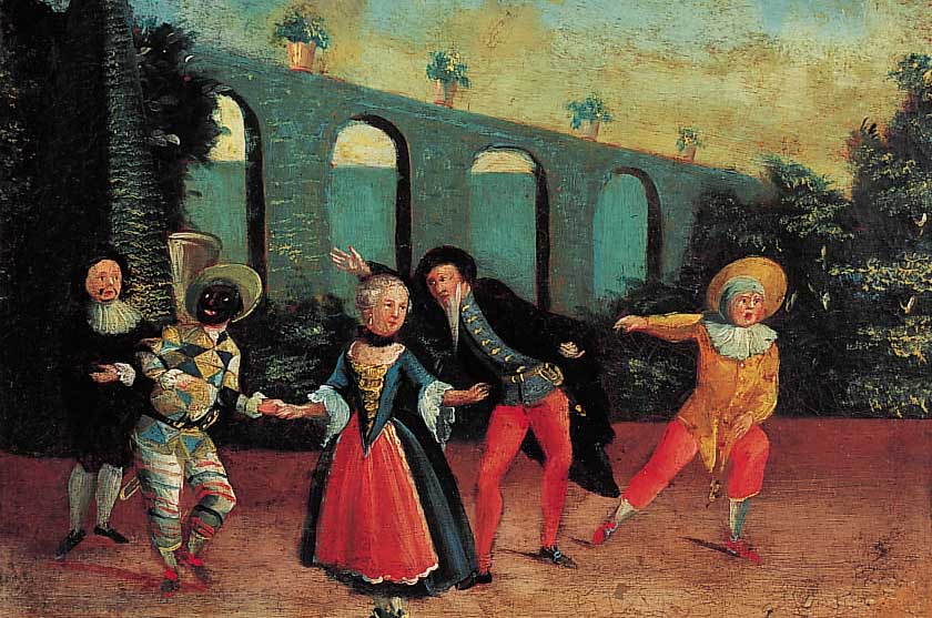 Unbekannter italienischer Maler, 18. Jh., Fünffigurige Szene aus der Commedia dell'Arte,Öl/Lwd, alte Doublierung, feine Malerei, ca. 35 x ...