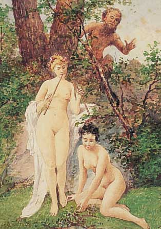 Skocek, H., Prager Künstler um 1900, Pan beobachtet zwei badende Nymphen, Aquarell/Papier, li. u. sign., ca. 25 x 18 cm, PP