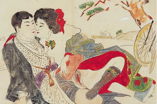 Japanisches Shunga-Blatt, 19. Jh., erotischeDarstellung, Aquarell auf Reispapier, Wurm- gänge, ca. 19 x 26 cm, PP