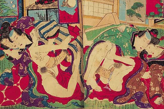 Japanisches Shunga-Buch, um 1840, mit ca. 15 erotischen Farbholzschnitten, ca. 18 x 12 cm