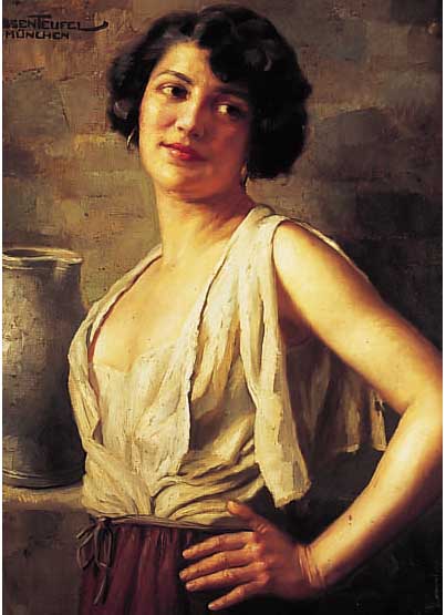 HASSENTEUFEL, HANS, 1887 HAMBURG-1943 MüNCHEN, HALBPORTRäT EINE FRAU MIT KRUG, ÖL/LWD, LI.O. SIGN. UND BEZ. MüNCHEN, CA. 80 X 60 CM, R.