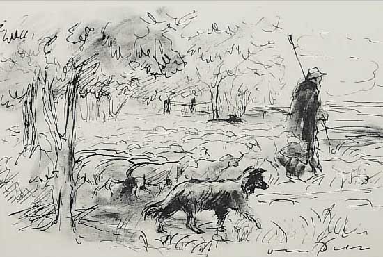 Dill, Otto, 1884 Neustadt-1957 Bad Dürkheim, Hirte mit Schafen und Hund, Lithographie nach einer Zeichnung, re. u. handsigniert, ca.22,5 x 28 ...