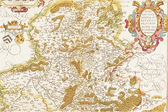 Altkolorierte Kupferstichkarte Hennegau, Jacob Surhonius, bei Hondius, 1579, mit schöner Kartusche re. o. und ausgemalten Wappen, ...