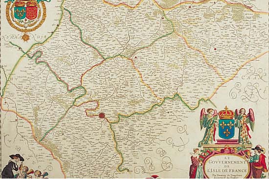 Kolorierte Kupferstichkarte Isle de France, wohl Janssonius, Mitte 17. Jh., Grenzkolorit und drei bunt ausgemalte Kartuschen, Bug- falte, ...