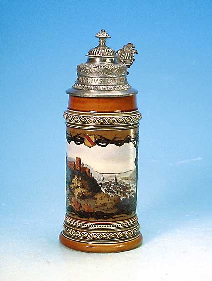 BIERKRUG, VILLEROY & BOCH METTLACH, 1896, FEINSTEINGUT, REICH GERITZT UND BUNT BEMALT, SIGN. SCHLITT, ANSICHT HEIDELBERG MIT SCHLOß, ...