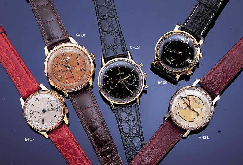 CHRONOGRAPHE SUISSE Armbanduhr Modell Vollka- lender, Ref.-Nr. 1100A, Schweiz um 1945, Metall rotverg., Edelstahlb. u. Drehlünette gedr., ...