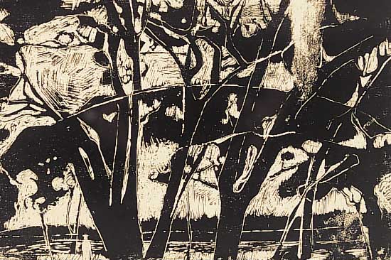 Busch, Rolf, Waldinneres, Holzschnitt, re. u. handsign., num. 129/200, ca. 20 x 29,5 cm, PP, u.Gl.; R., Jahresgabe des Münsteraner ...