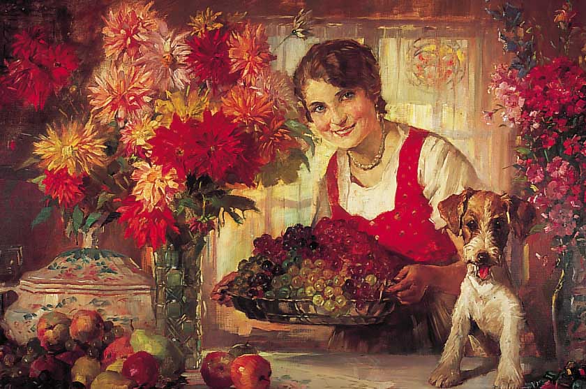 ROESELER, AUGUST, 1866 HAMBURG-1936 MüNCHEN, JUNGE FRAU HINTER EINEM TISCH MIT BLUMEN UND EINEM FOXTERRIER, ÖL/LWD, LI. U. SIGNIERT, CA.85 X 131 ...