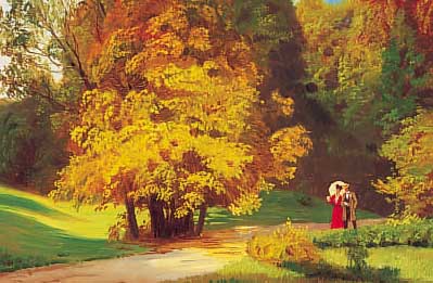 Unbekannter Monogrammist, spazierendes Paar in Parklandschaft, Öl/Holz, li. u. unleserlichmonogr., ca. 26,5 x 41,5 cm