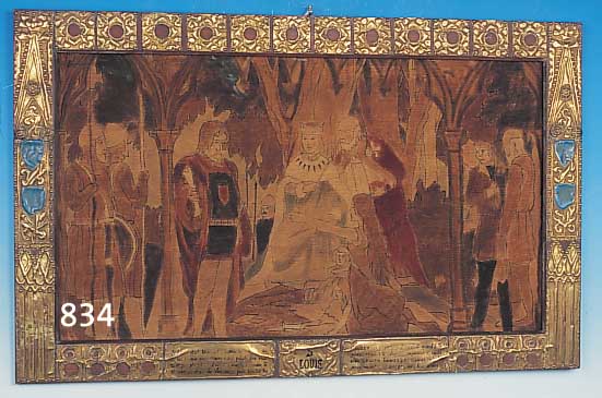 Tapisserie, Jugendstil, um 1900, belgisch beschriftet, typ. Jugendstilrahmen mit Messingapplikationen, bemalter Leinen- grund, ...