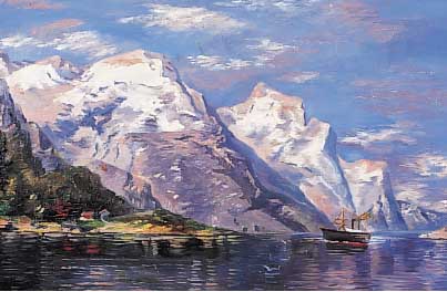 Unbekannter Künstler, 20/30er Jahre, Fjordlandschaft mit Boot, Öl/Malkarton, un- signiert, Rahmen l. besch., 36 x 53 cm