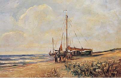 Unbekannter Künstler, Fischer am Strand, Öl/Lwd., unleserlich sign., 50 x 60 cm, Prunk-rahmen