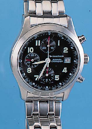 NOVACHRON FLIEGERARMBANDUHR CHRONOGRAPH MODELLAUTOMATIK, SCHWEIZ UM 1998, EDELST., EDELST.-BAND M. SICHERHEITSFALTSCHL. MATT., MINERAL- FLACHGL., ...