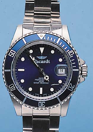 PACARD TAUCHERUHR MODELL DIVER PROFESSIONAL, SCHWEIZ UM 1999, EDELST., TEILW. MATT., EDELST.-BAND M. SICHERHEITSFALTSCHL., ORIG.- ETUI, BODEN ...