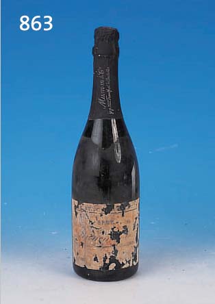 1 FLASCHE MUMM & CO DEUTSCHER SEKT, JAHRGANG 1929, BRUT, ETIKETT BESCHäDIGT, H. CA. 32CM,INHALT NICHT GEPRüFT