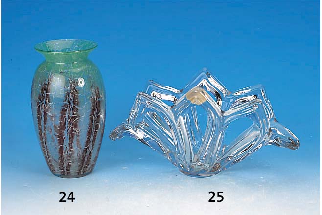 Vase, WMF, Ikora, 40er Jahre, farbloses Glas, grün und braun eingepudert, H. 24 cm