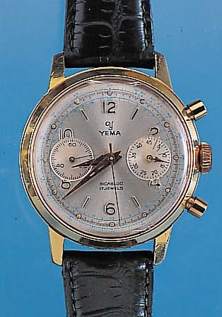 YEMA ARMBANDUHR CHRONOGRAPH MODELL INCABLOC, REF.-NR. 75100, SCHWEIZ UM 1964, METALL HART-VERG., EDELST.-BODEN GESCHR., BEI FERTIGST. ...