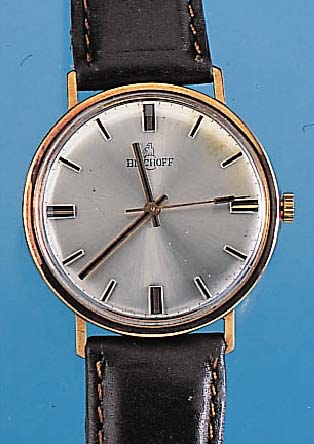 BISCHOFF Herrenarmbanduhr, Schweiz/Deutsch-land um 1964, GG 585/000, Boden gedr., vers. Blatt, verg. Rundankerwerk, Handaufzug, Kal. AS 1714, ...
