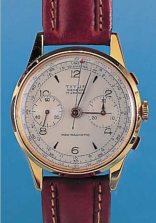 TITUS Armbanduhrchronograph Modell Nomagnetik, Ref.-Nr. 961, Schweiz um 1949, Metall hart-verg., Edelstahlb. u. Glasr. gedr., vers. Blatt, ...