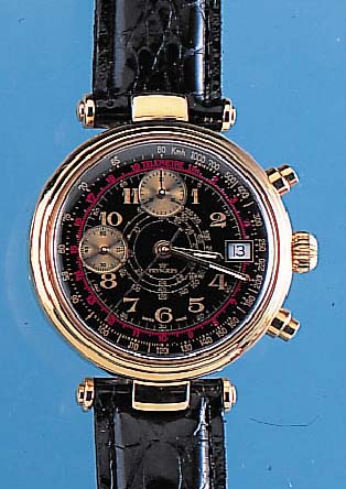 PRYGEPS Armbandchronograph, Ref.-Nr. 1532, Schweiz um 1995, Metall-Rundgeh. hartverg., Edelst.-Boden gedr., Lederband, Orig.-Etui, schw. ...