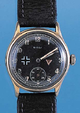 Militärarmbanduhr wohl zivil genutzt, Aufkl.auf Blatt später, Metall vern. ber., Edelst.- Boden geschr., schw. Orig.-Blatt fl., Rundan- kerwerk AS ...